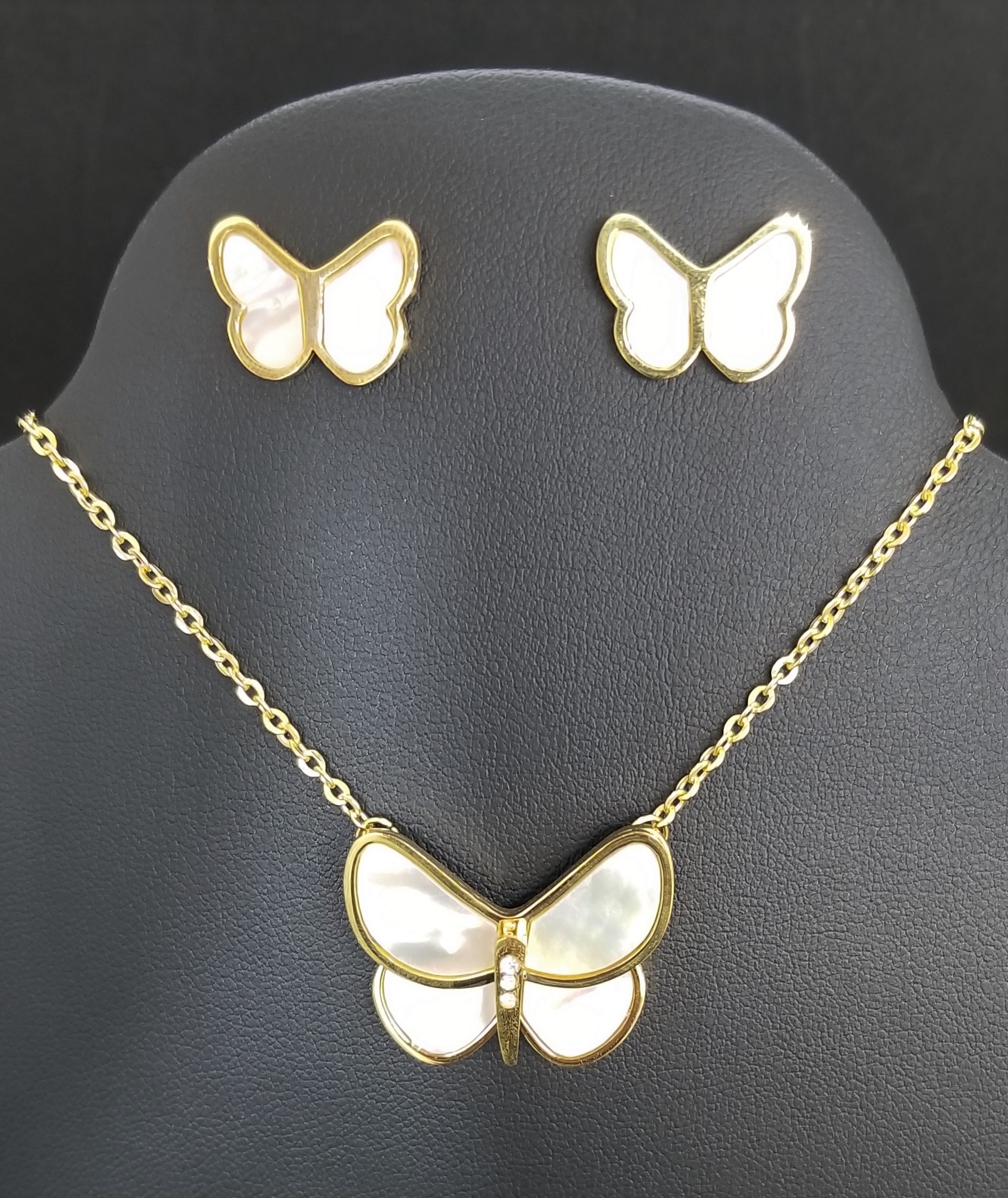Stainless Steel Yellow Gold Pearl Butterfly Necklace & Earrings Set 