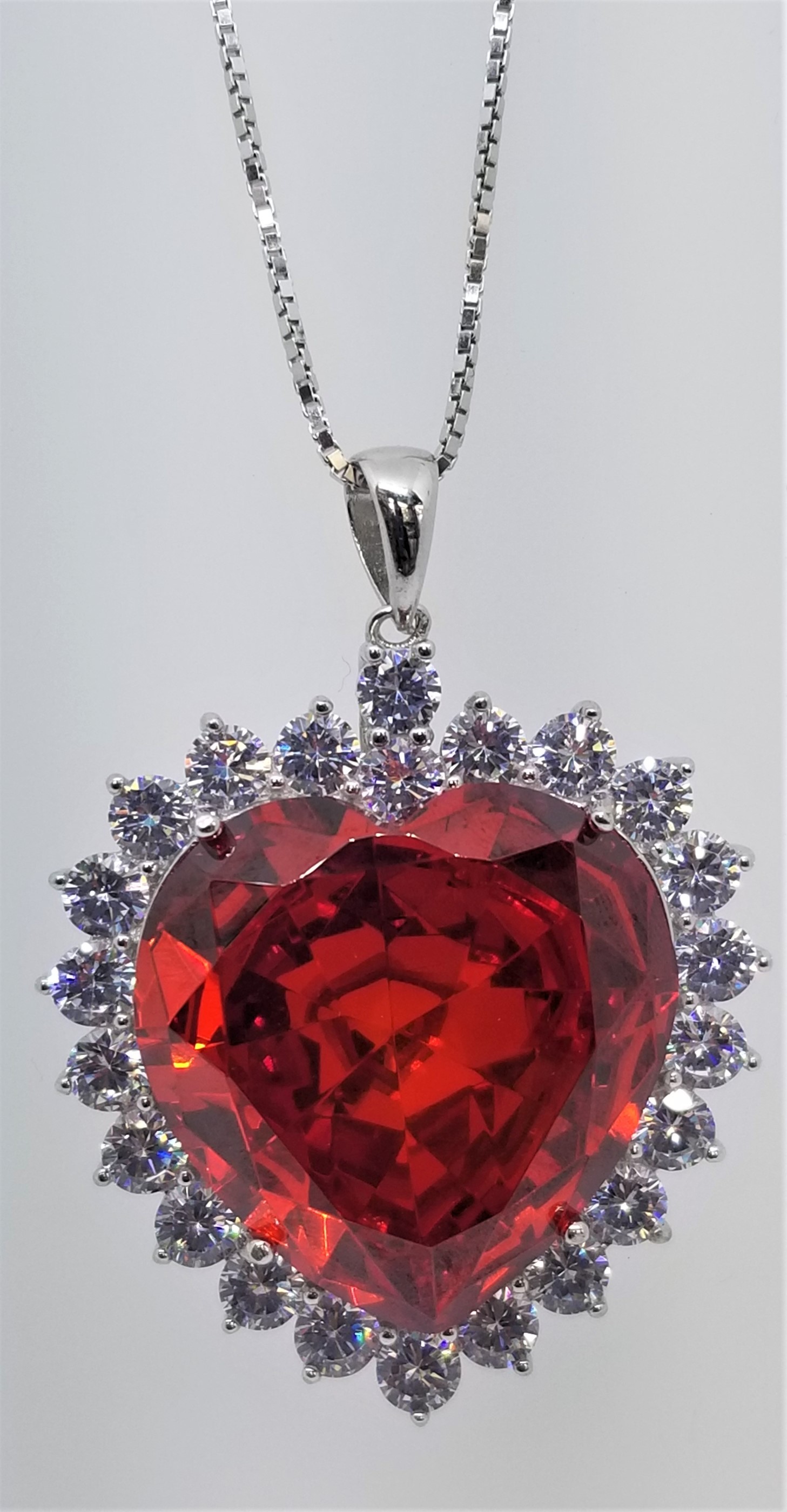 925 Sterling Silver Heart Pendant With Red Topaz And CZ