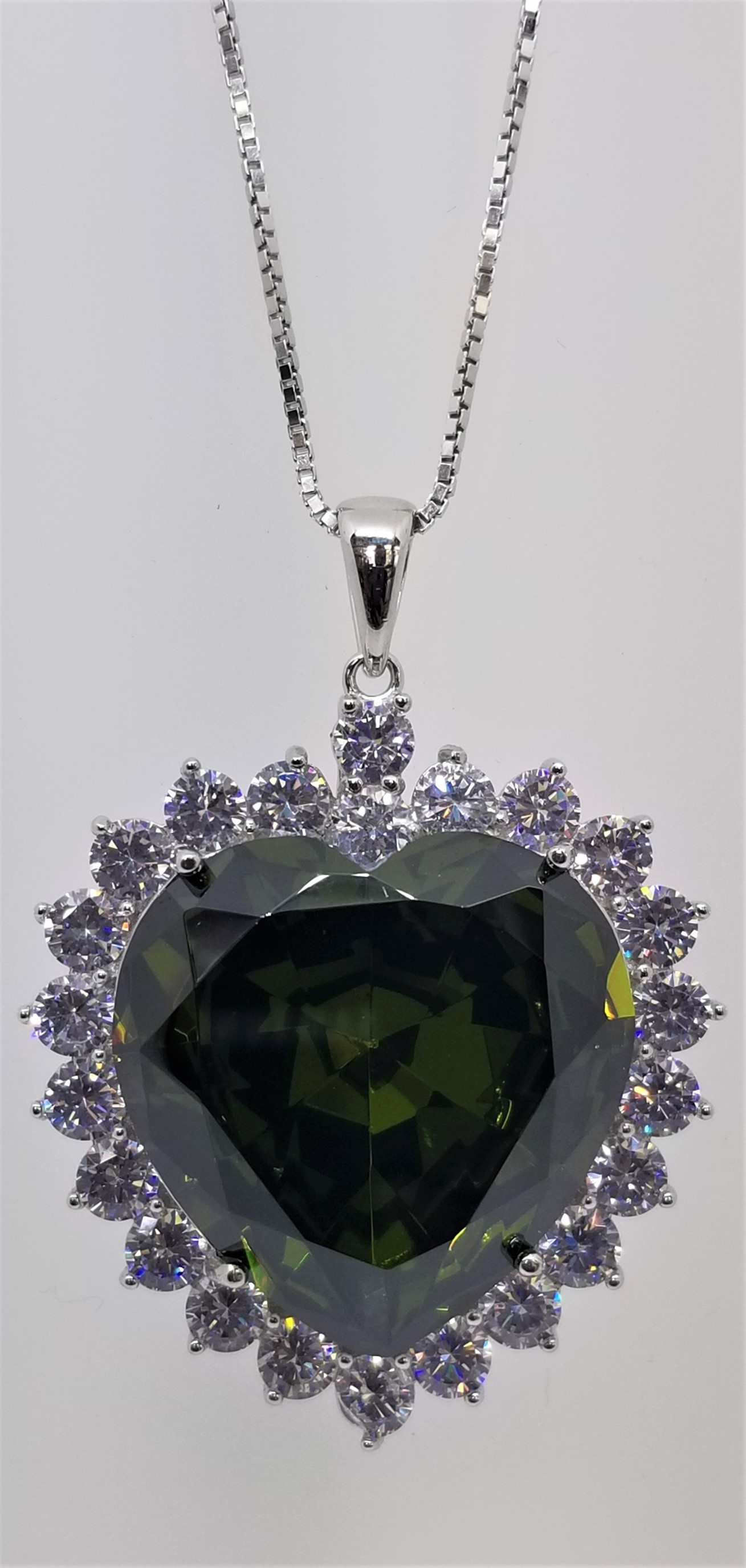 925 Sterling Silver Heart Pendant With Dark Olive Green Topaz And CZ