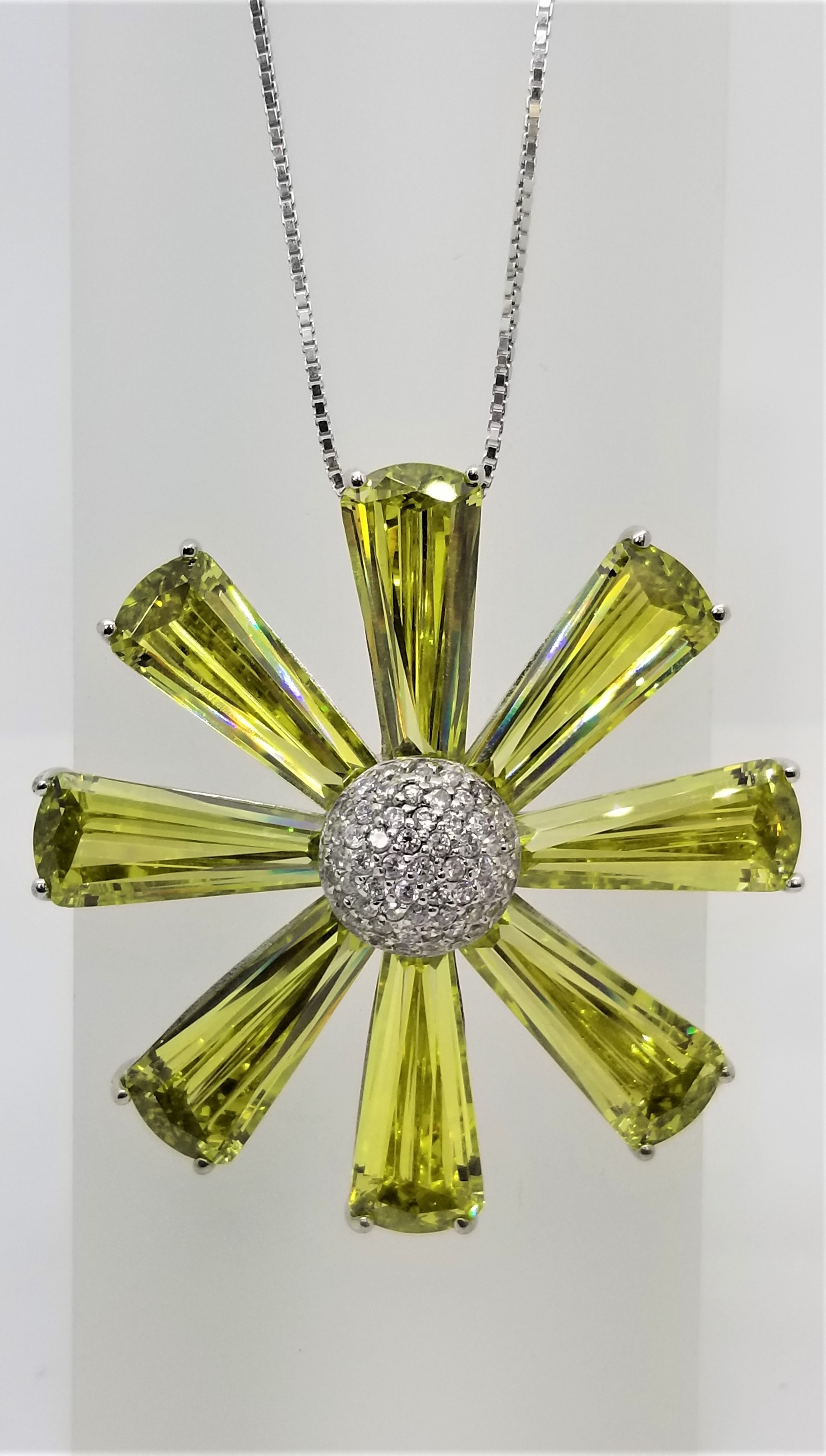 925 Sterling Silver Flower Pendant With Lime Green Topaz And CZ