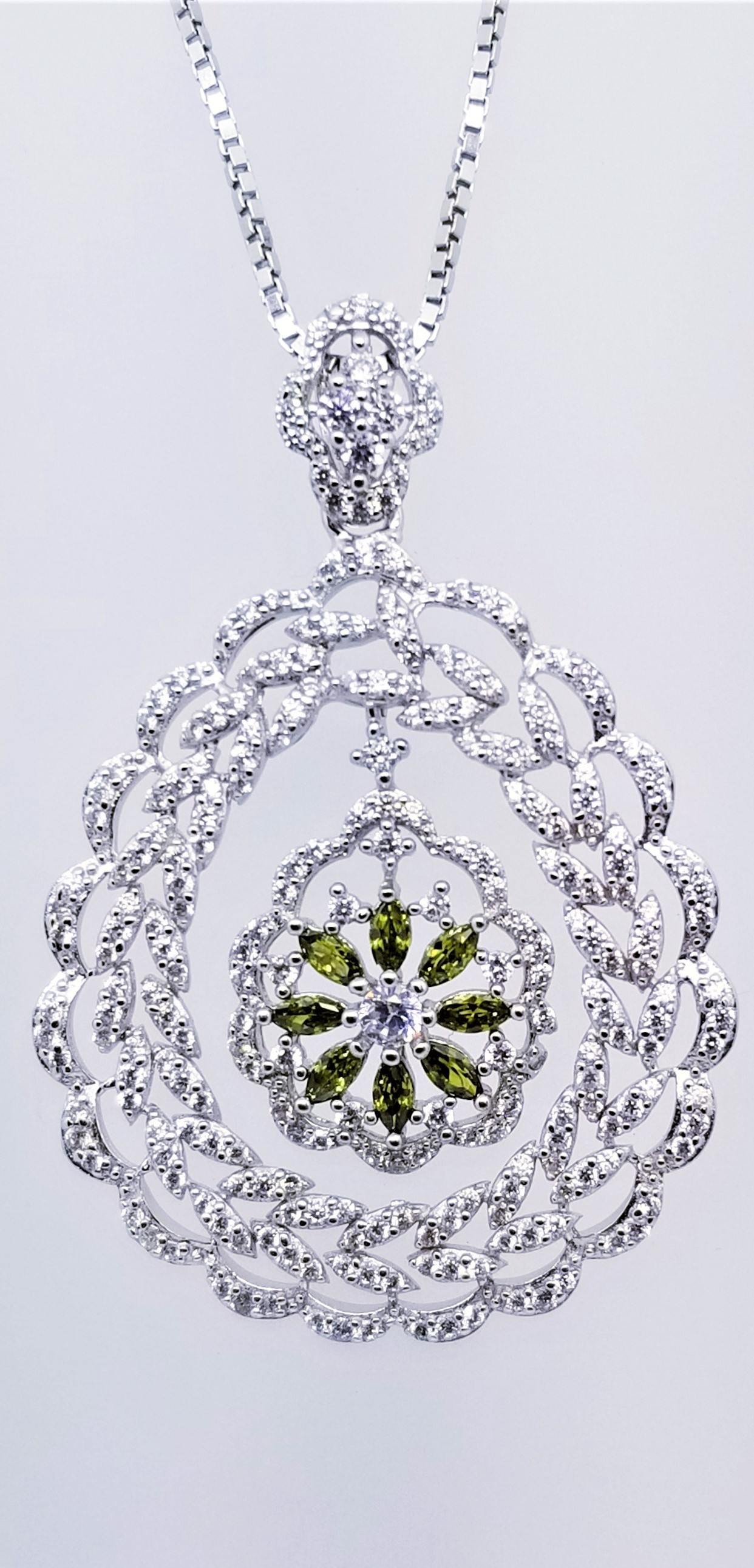 925 Sterling Silver Rhodium Tone Pendant With Peridot And CZ Stones