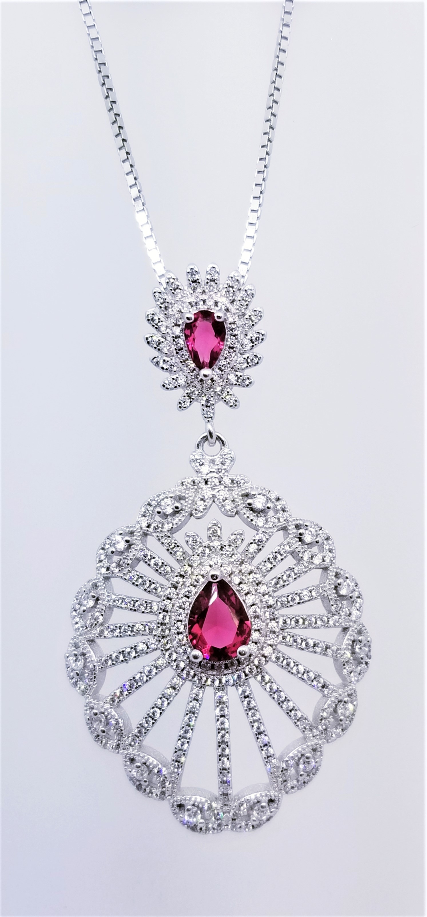 925 Sterling Silver Rhodium Tone Pendant With Ruby And CZ Stones 