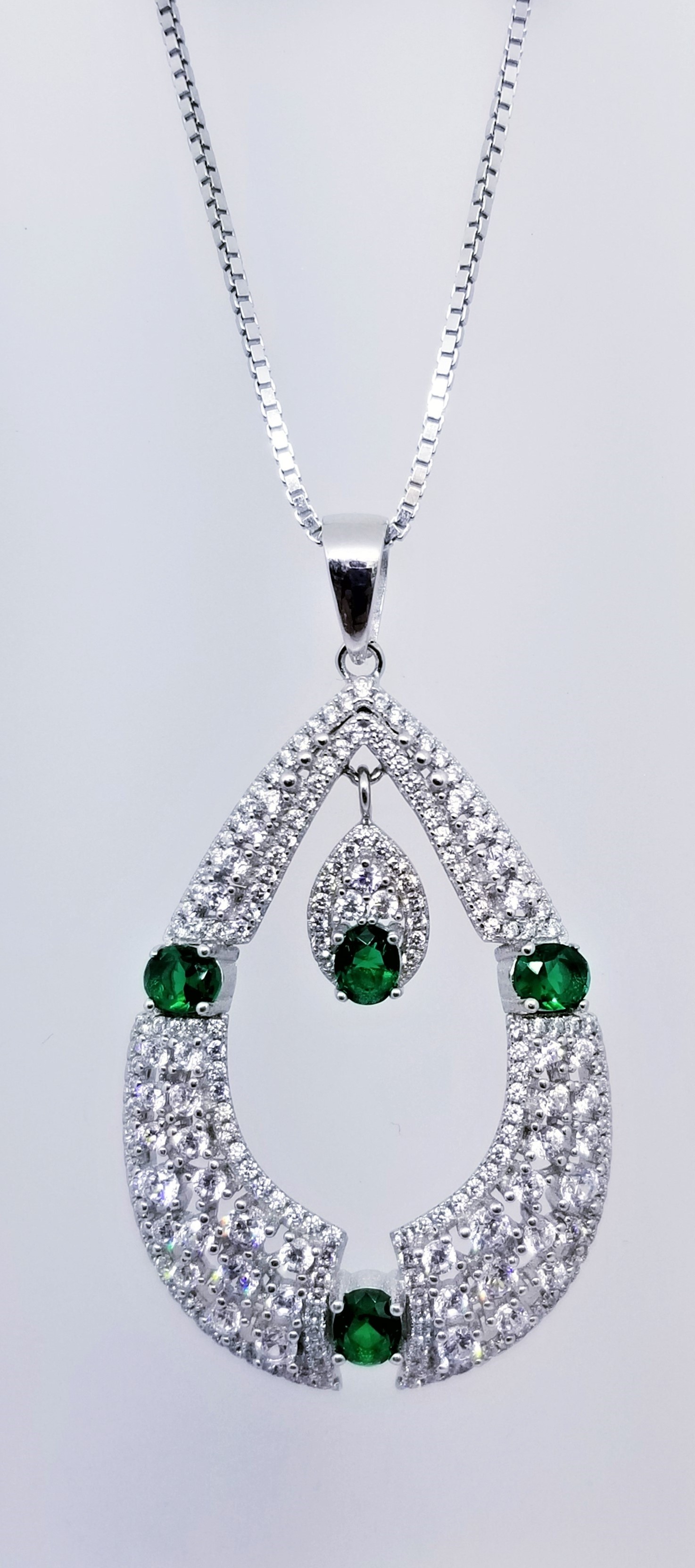 925 Sterling Silver Rhodium Tone Pendant With Emerald And CZ Stones