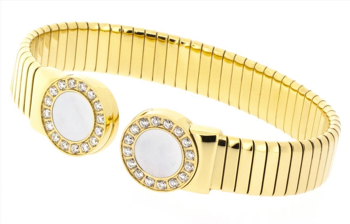 Stainless Steel Gold Tone Ladies Bangle With Pearl And CZ Stones