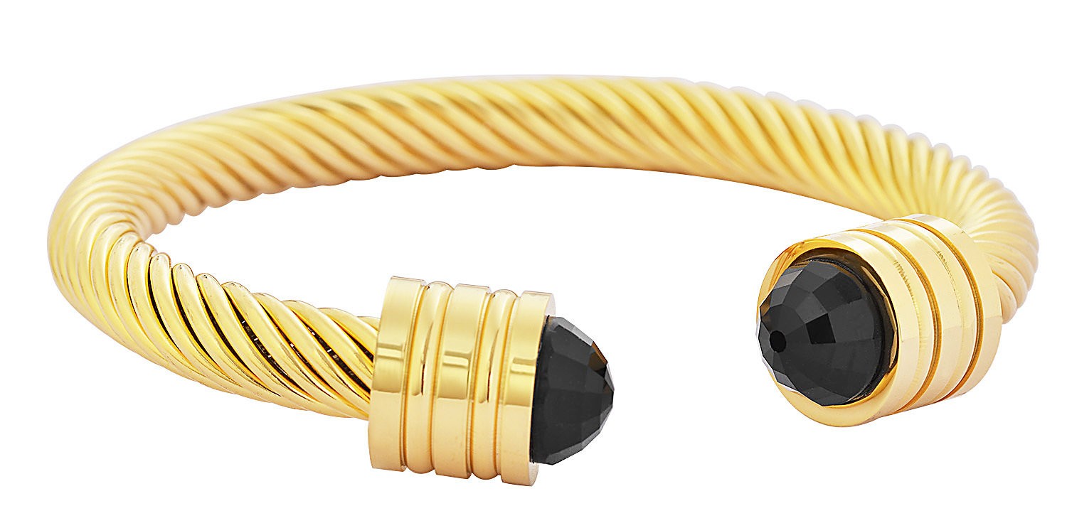 Stainless Steel Gold Tone Bangle With Black Onyx Stone 