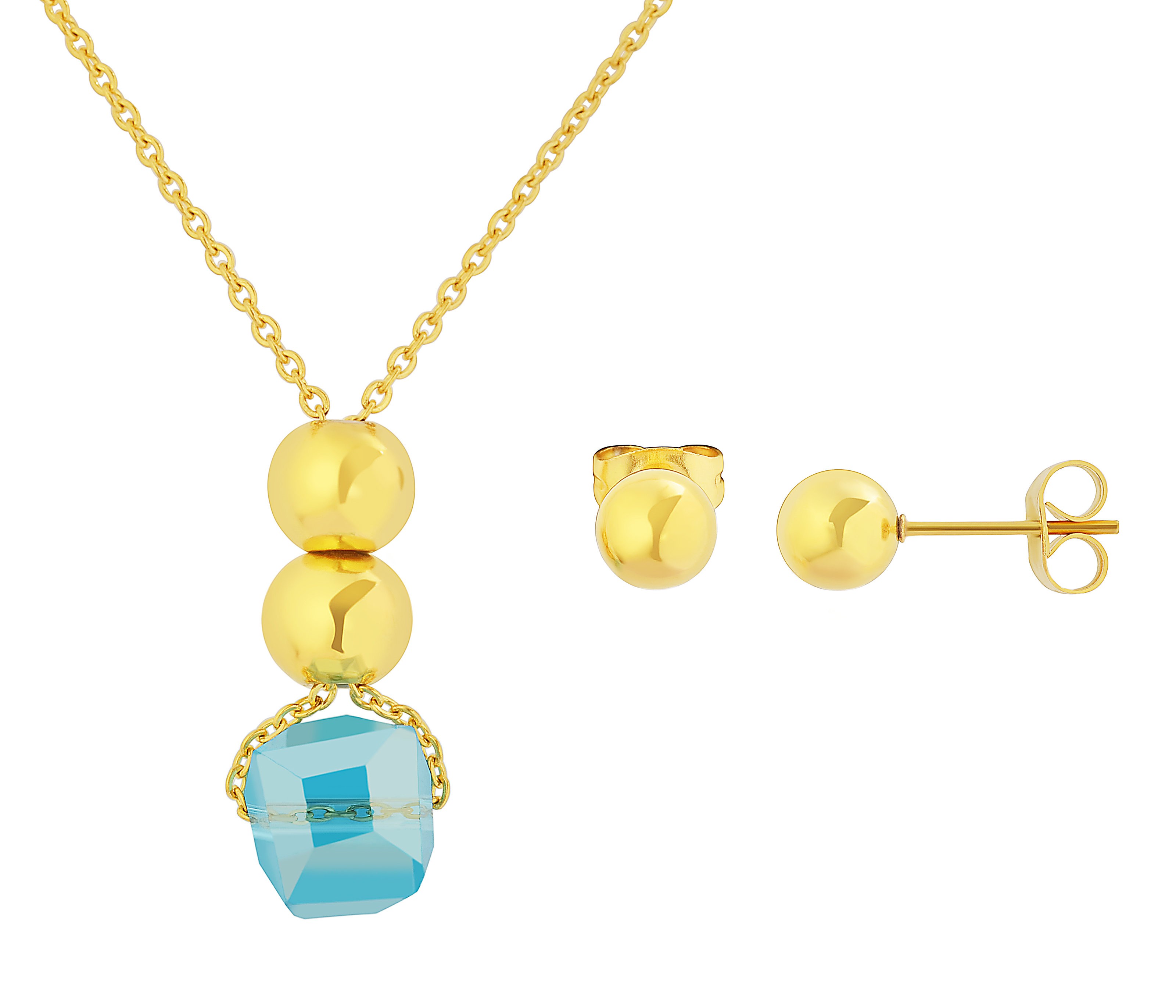 Stainless Steel Yellow Gold Tone Necklace & Earring Set With Golden Ball & Blue Glass