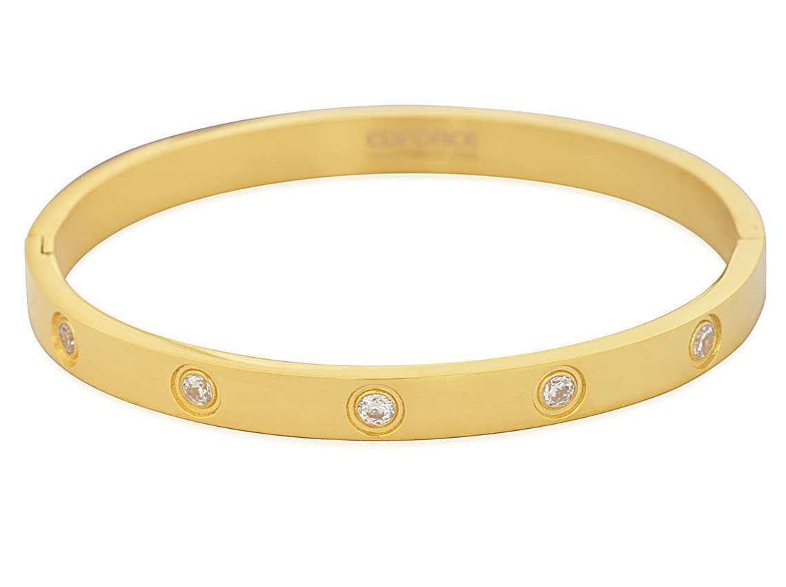 Stainless Steel Ladies Bangle Yellow Gold Plated With Cubic Zirconia