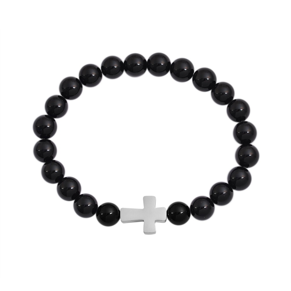 Stainless Steel Black Onyx Cross Beaded Bracelet
