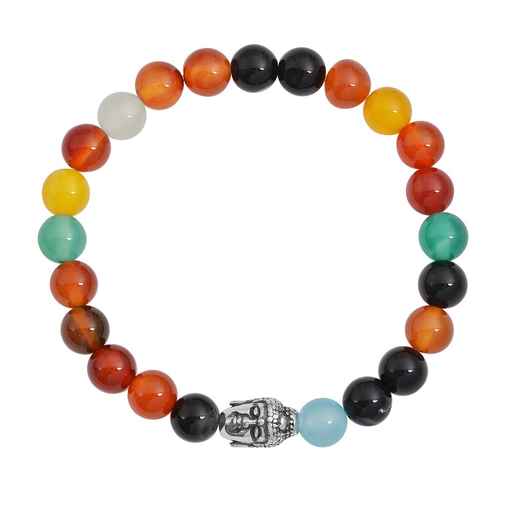 Stainless Steel Colorful Agate Buddha Bead Bracelet