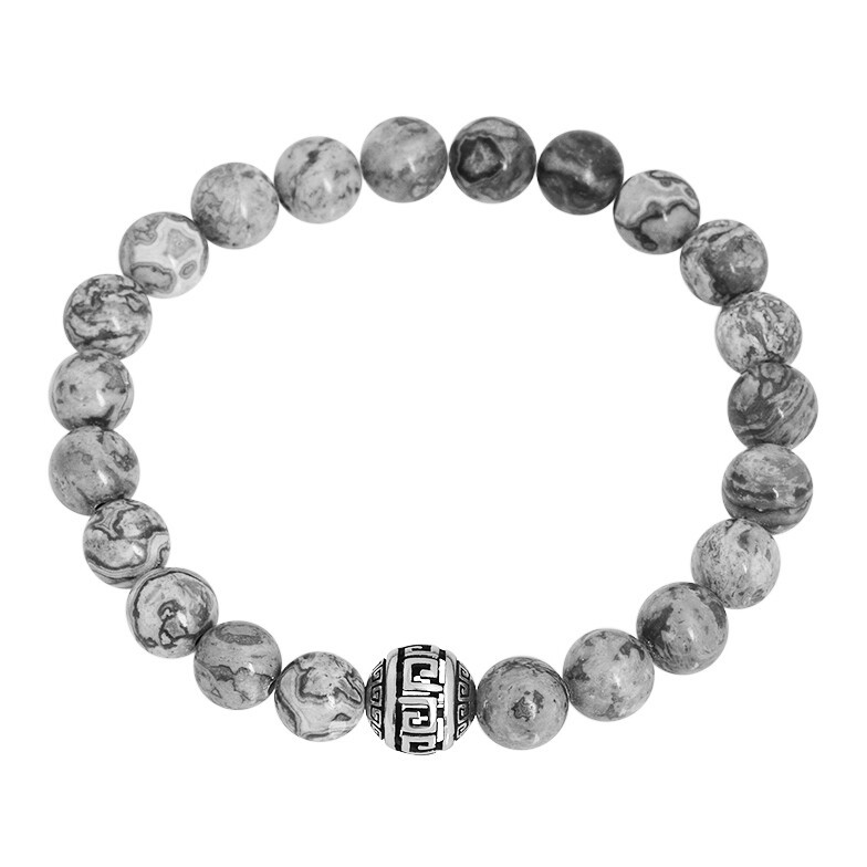 Stainless Steel Shiny Grey Marble G Wall Beaded Bracelet