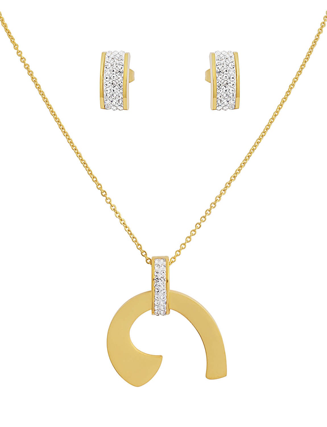 Stainless Steel Gold Tone Earring & Pendant Set With CZ Stones 17 Inches Long With 2 Inches Extension