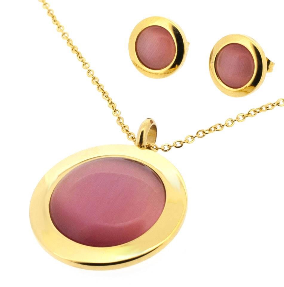 Stainless Steel Yellow Gold Tone Necklace & Earring Set With Pink Cat Eyes 