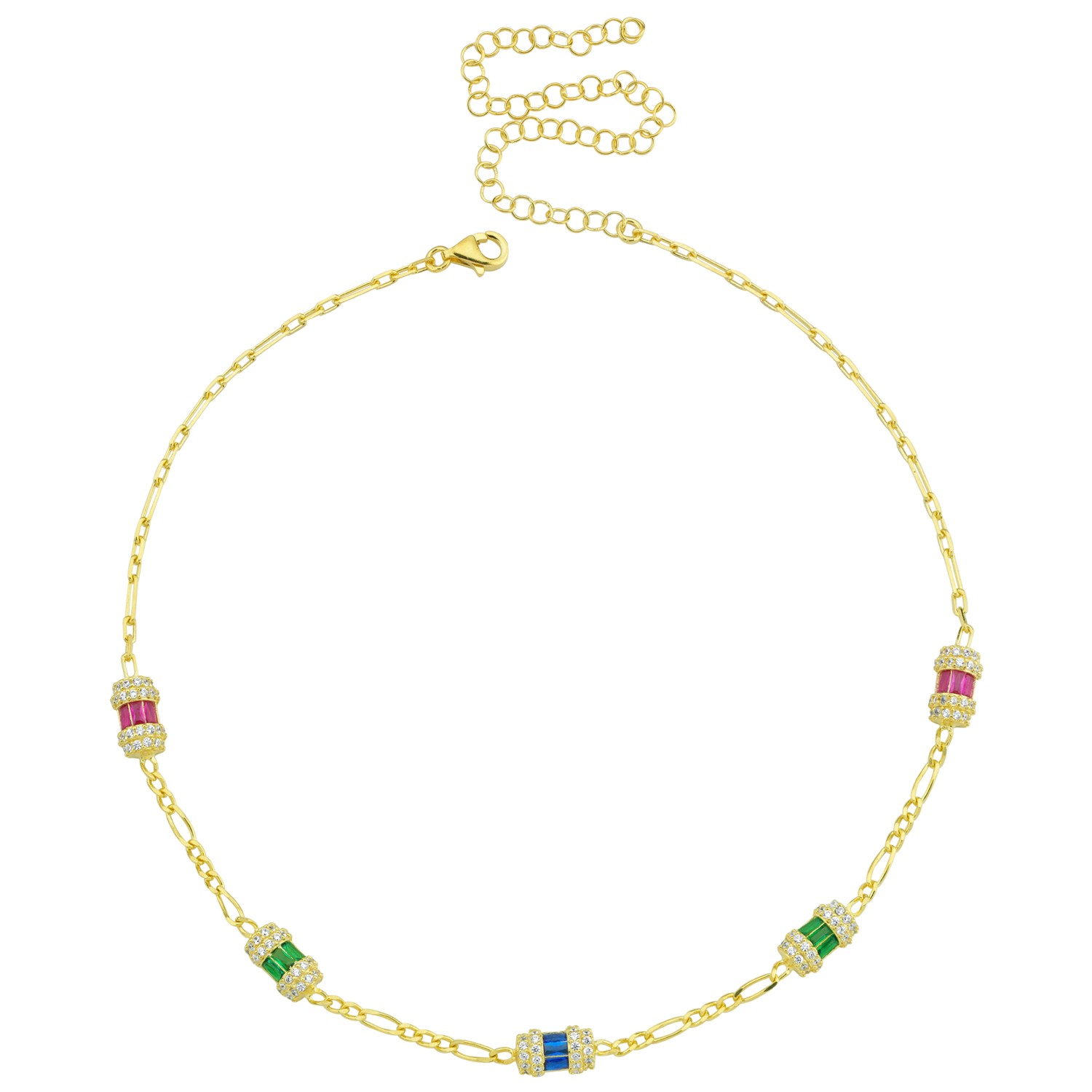 Sterling Silver Yellow Gold Plated Square Baguette Station Necklace With Multicolor Cubic Zirconia