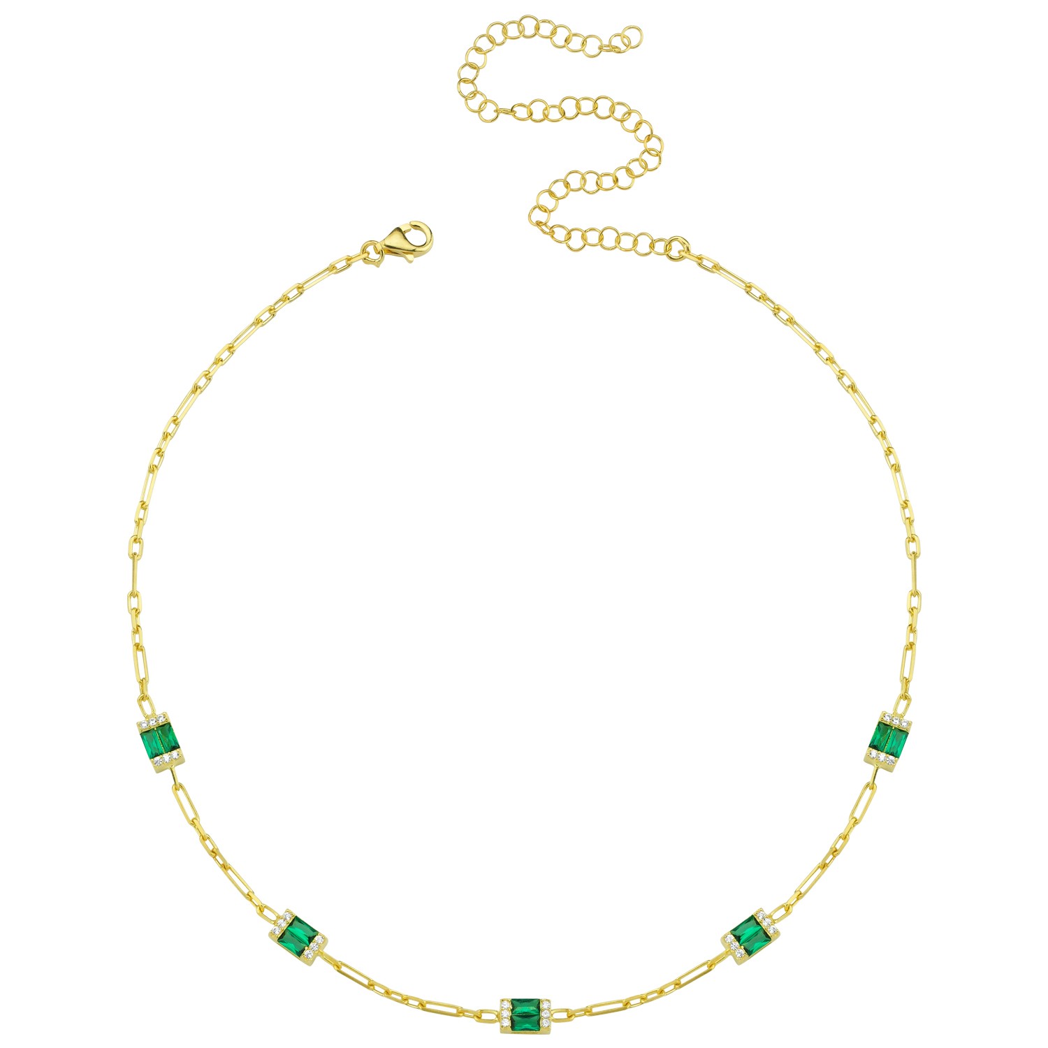 Sterling Silver Yellow Gold Plated Square Baguette Station Necklace With White & Emerald Cubic Zirconia