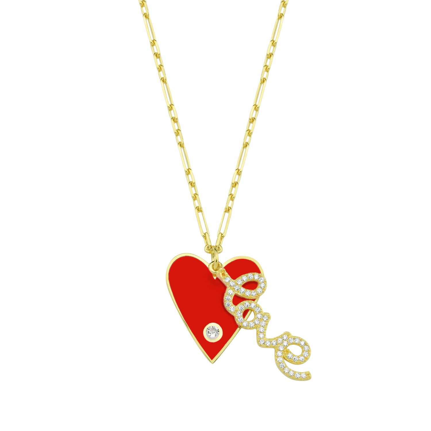 Sterling Silver Yellow Gold Plated Heart & Love Necklace With Red Enamel & White Cubic Zirconia