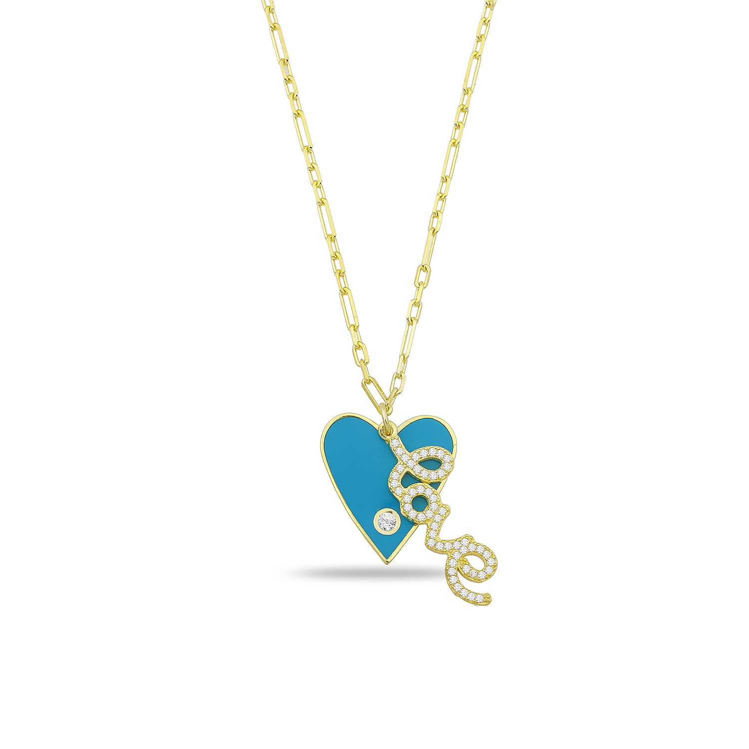 Sterling Silver Yellow Gold Plated Heart & Love Necklace With Turquoise Enamel & White Cubic Zirconia