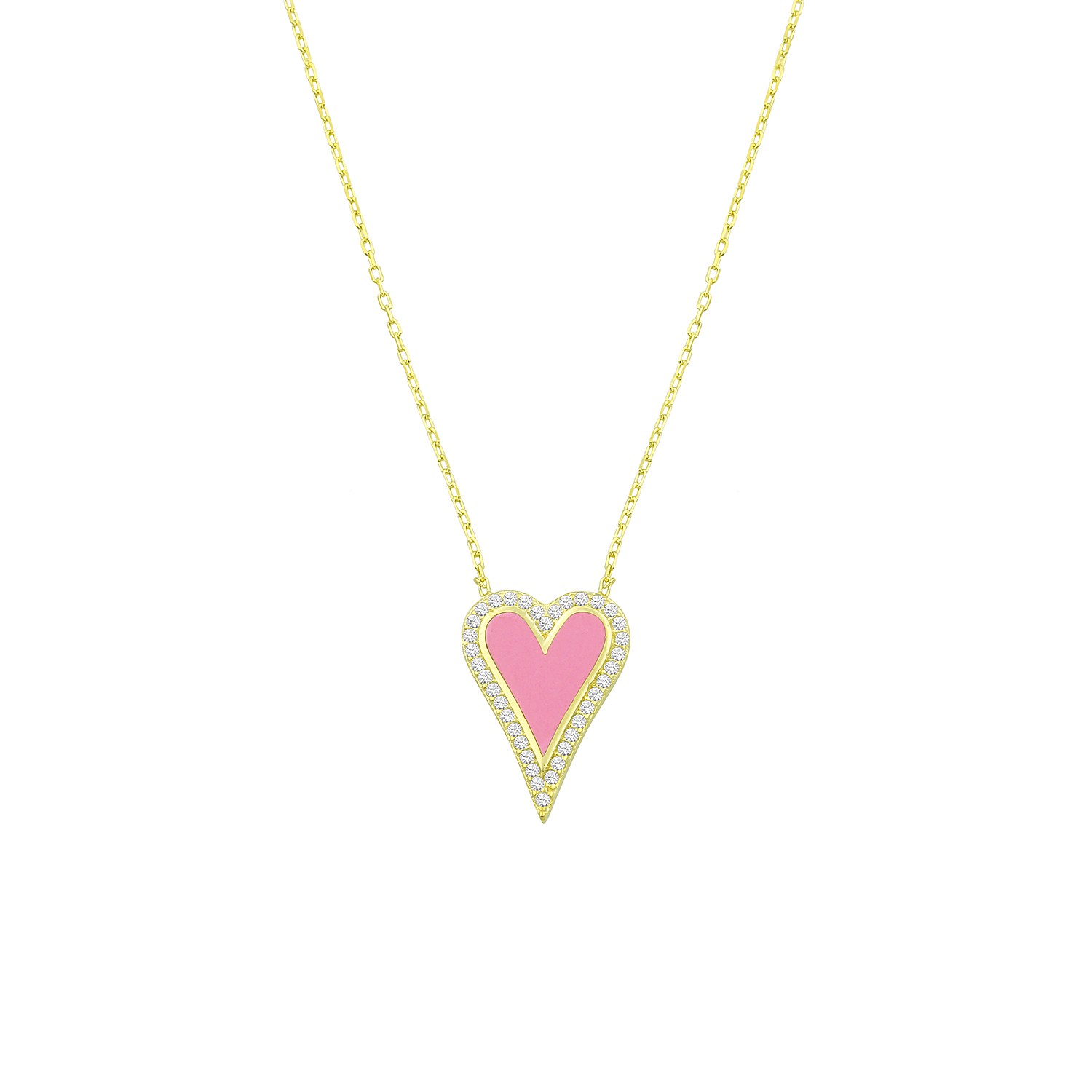 Sterling Silver Yellow Gold Plated Baby Pink Enamel Heart Necklace With Cubic Zirconia