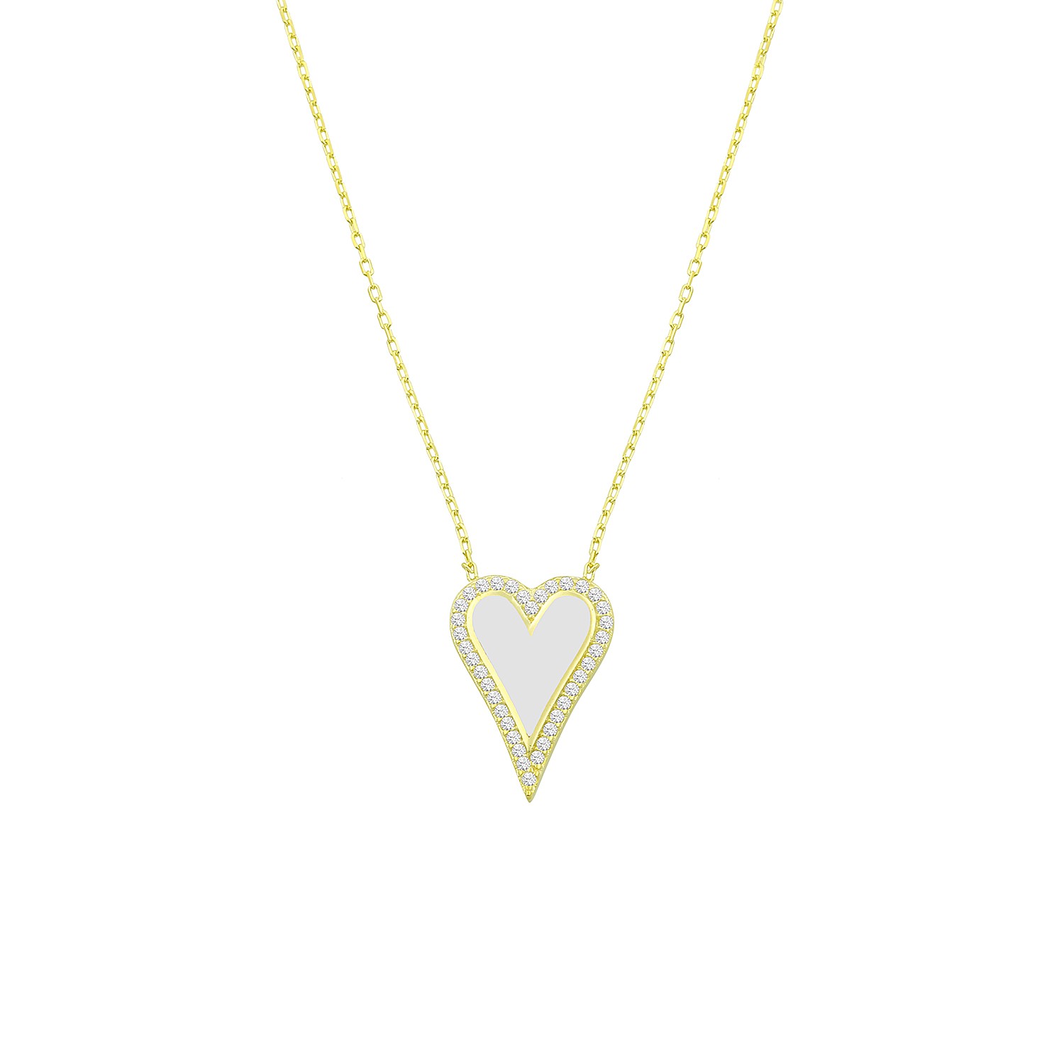 Sterling Silver Yellow Gold Plated White Enamel Heart Necklace With Cubic Zirconia