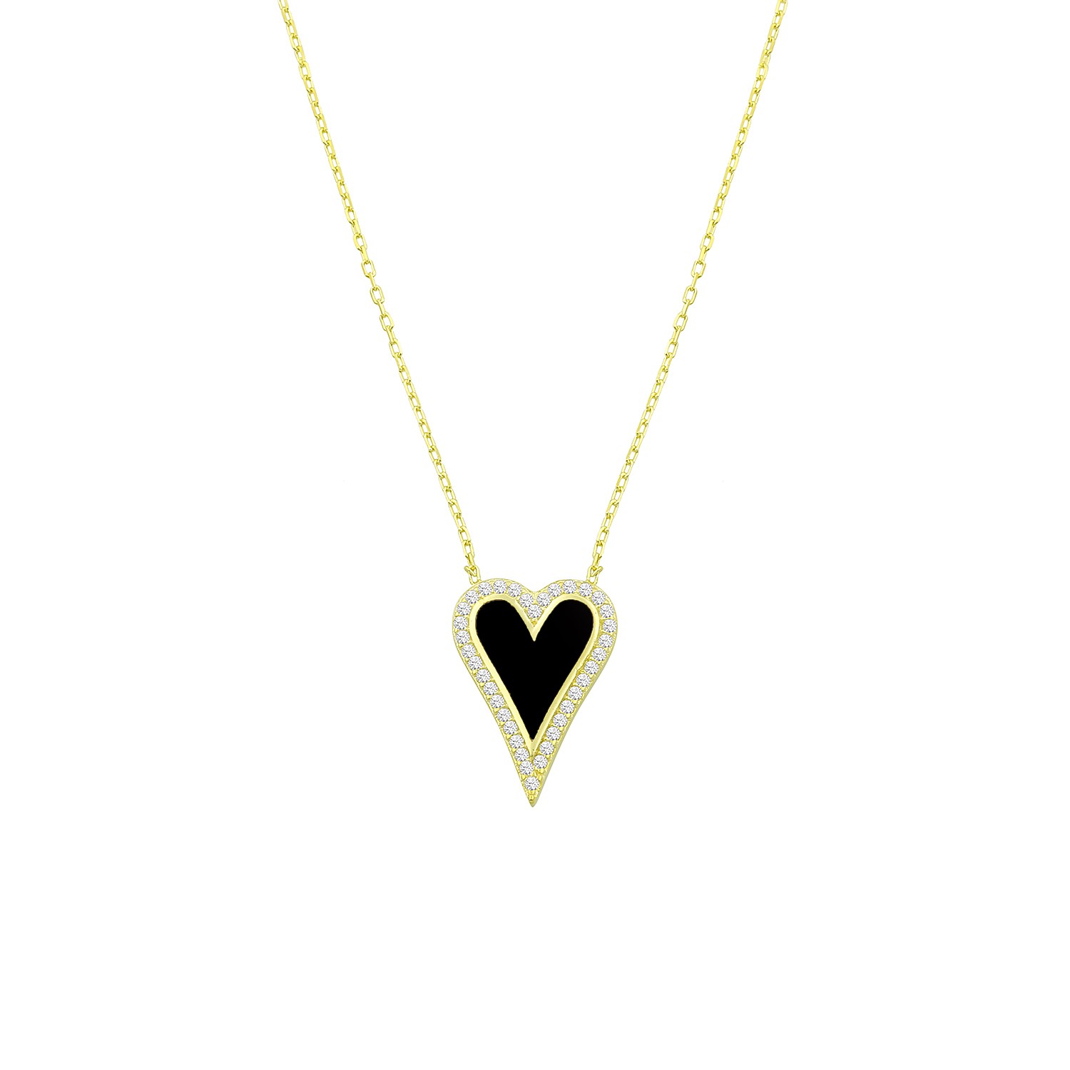 Sterling Silver Yellow Gold Plated Black Enamel Heart Necklace With Cubic Zirconia