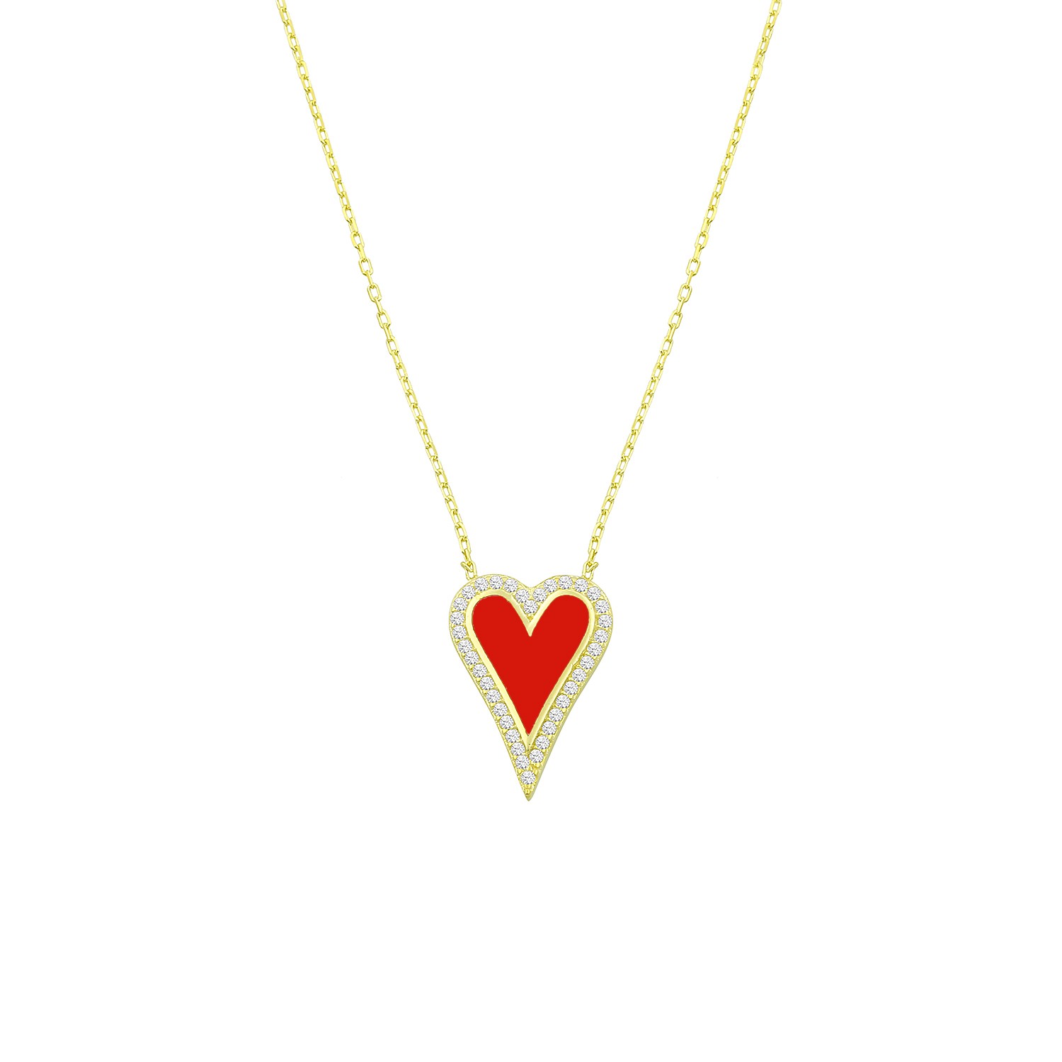Sterling Silver Yellow Gold Plated Red Enamel Heart Necklace With Cubic Zirconia
