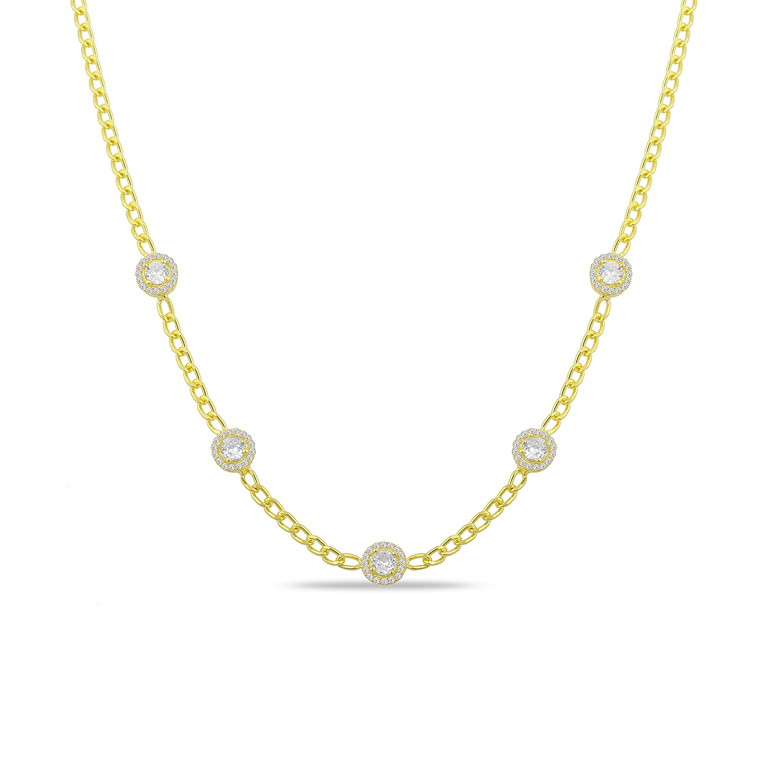 Sterling Silver Yellow Gold Plated Cuban Link Dainty Circle Station Necklace With White Cubic Zirconia