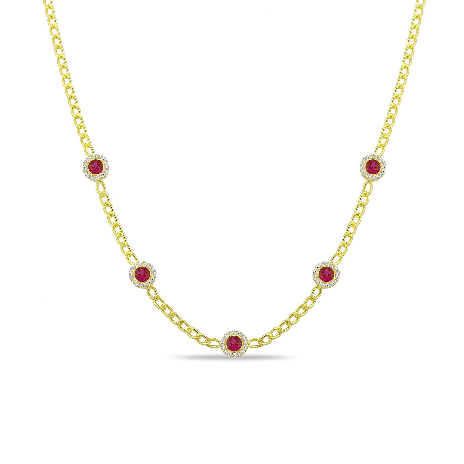 Sterling Silver Yellow Gold Plated Cuban Link Dainty Circle Station Necklace With White & Ruby Cubic Zirconia