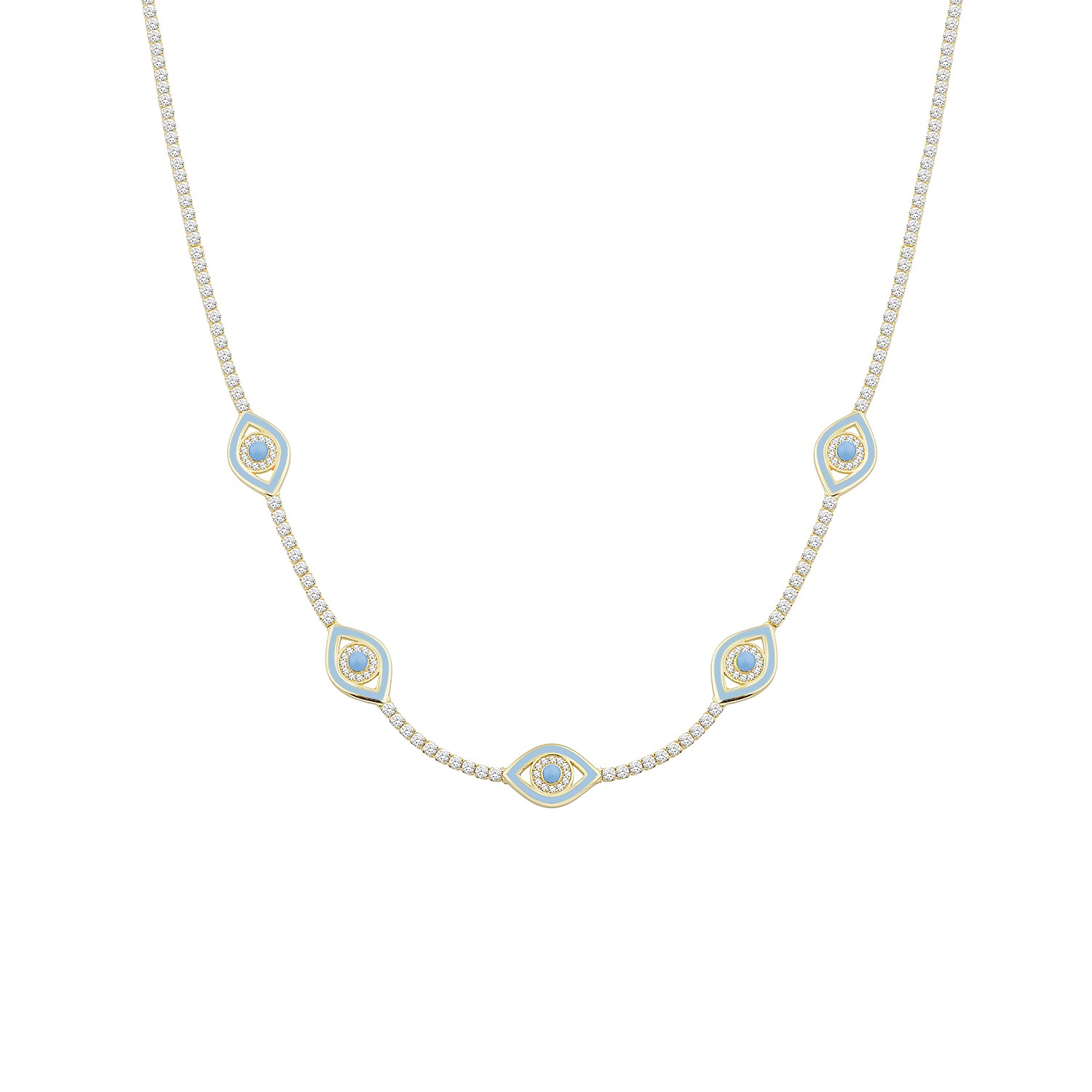 Sterling Silver Yellow Gold Plated Evil Eye Station Necklace With Light Blue Enamel & Cubic Zirconia