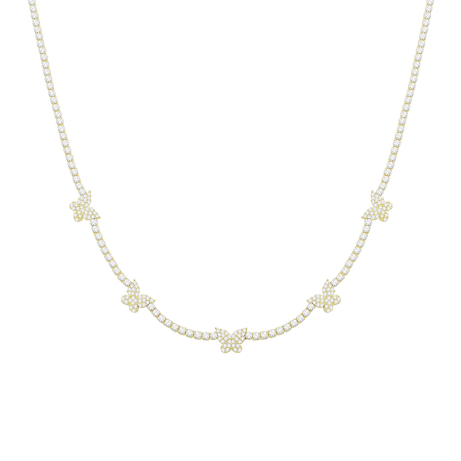 Sterling Silver Yellow Gold Plated Butterfly Station Necklace with Cubic Zirconia