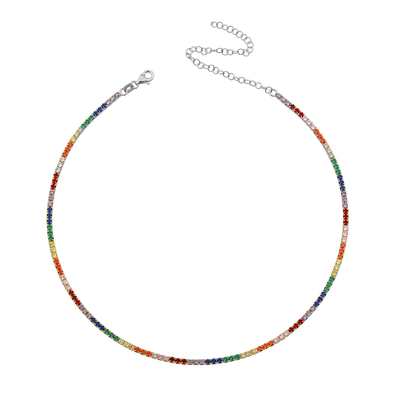 Sterling Silver Rhodium Plated Dainty Tennis Choker Necklace With Multicolor CZ