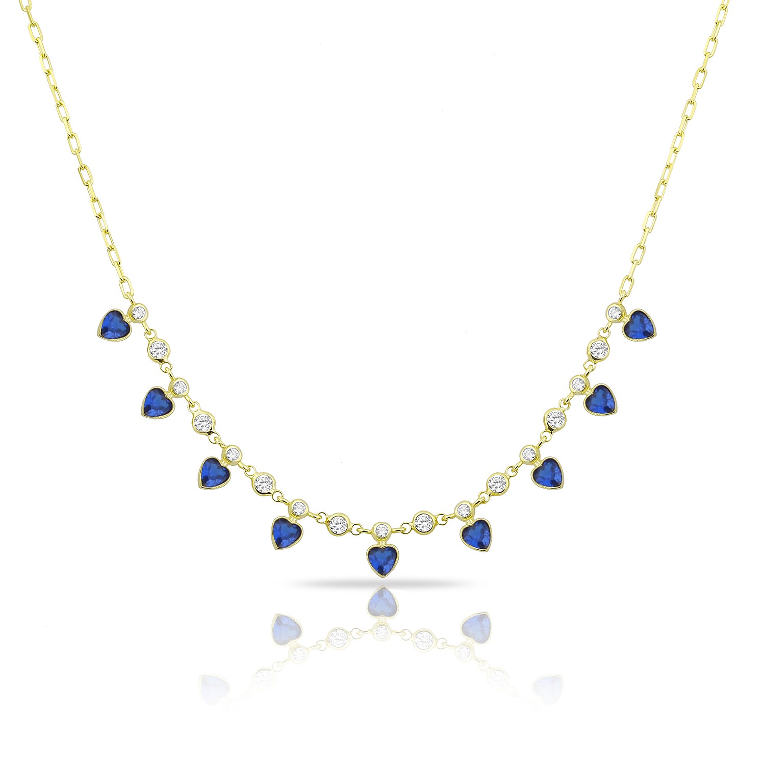 Sterling Silver Yellow Gold Plated Heart Charm Necklace With White & Sapphire Cubic Zirconia