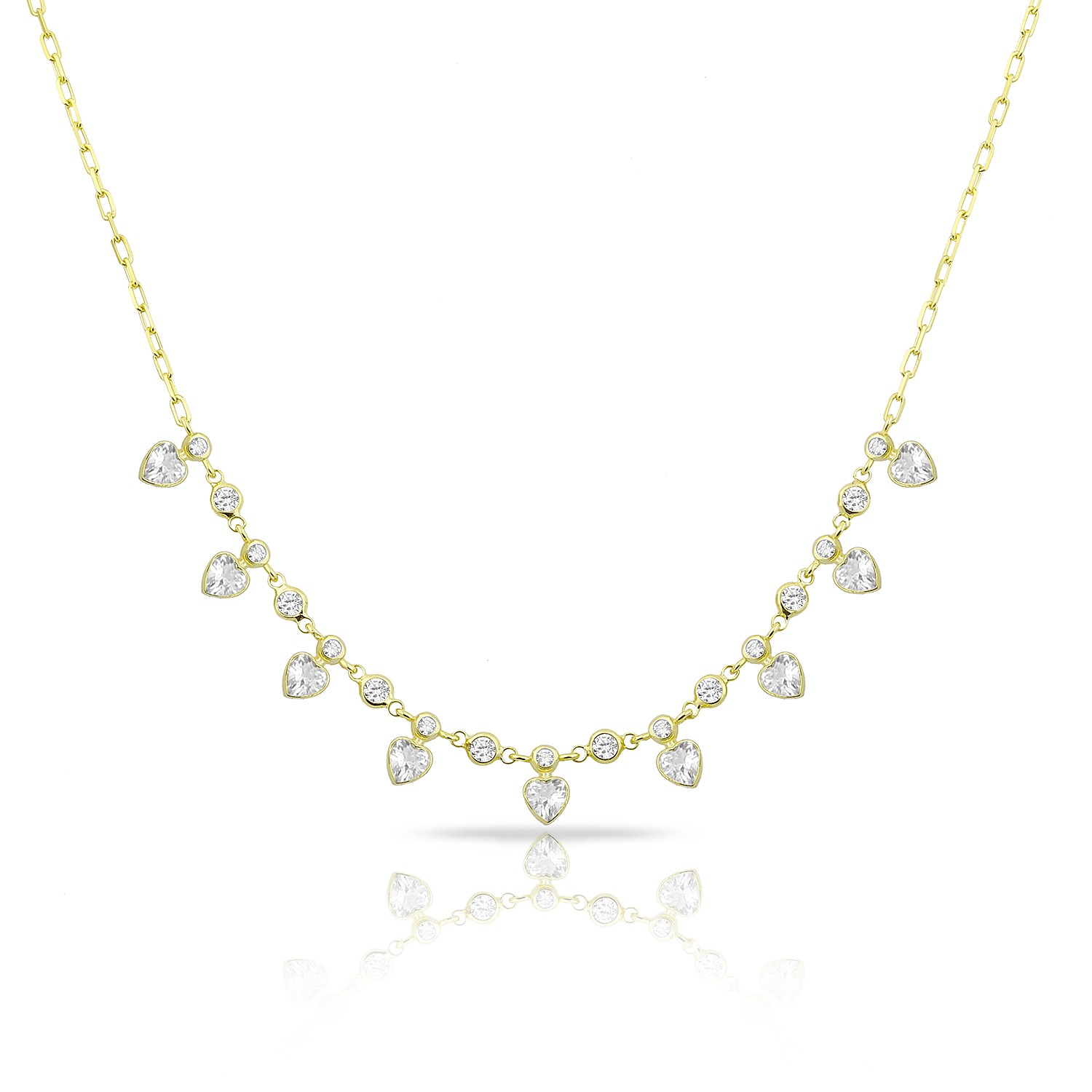 Sterling Silver Yellow Gold Plated Heart Charm Necklace With White Cubic Zirconia