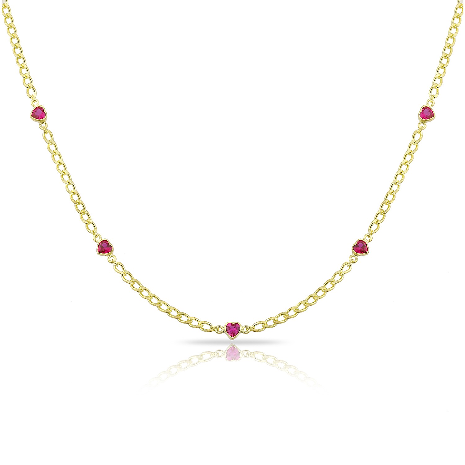 Sterling Silver Cuban Link Heart Station Necklace With Ruby Cubic Zirconia