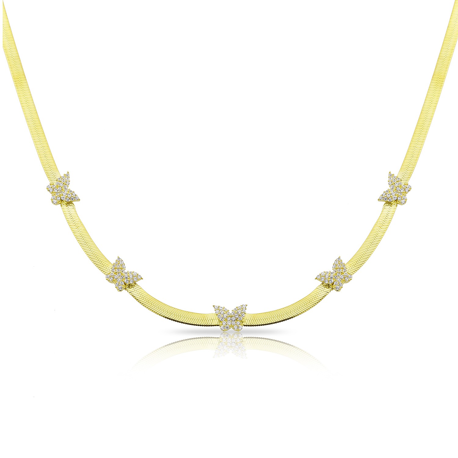 Sterling Silver Yellow Gold Plated Butterfly Charm Herringbone Necklace With White Cubic Zirconia