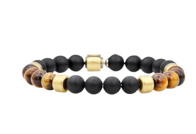 Men's Genuine Onyx And Tiger Eye Gold Plated Stainless Steel Beaded Bracelet