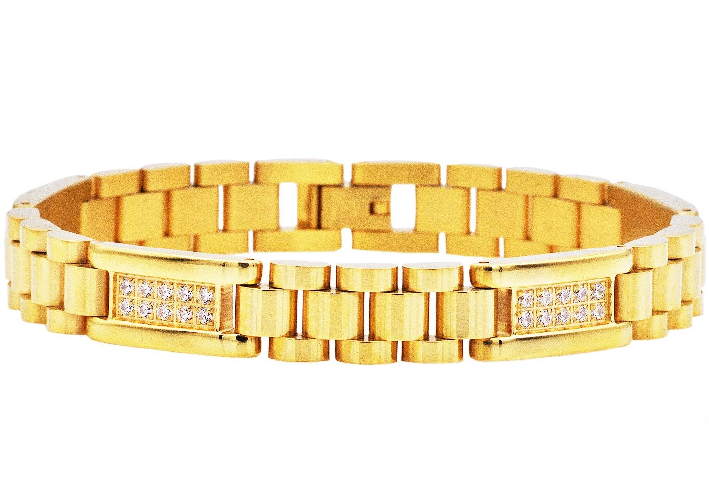 Stainless Steel Men's Gold Link Bracelet With Cubic Zirconia