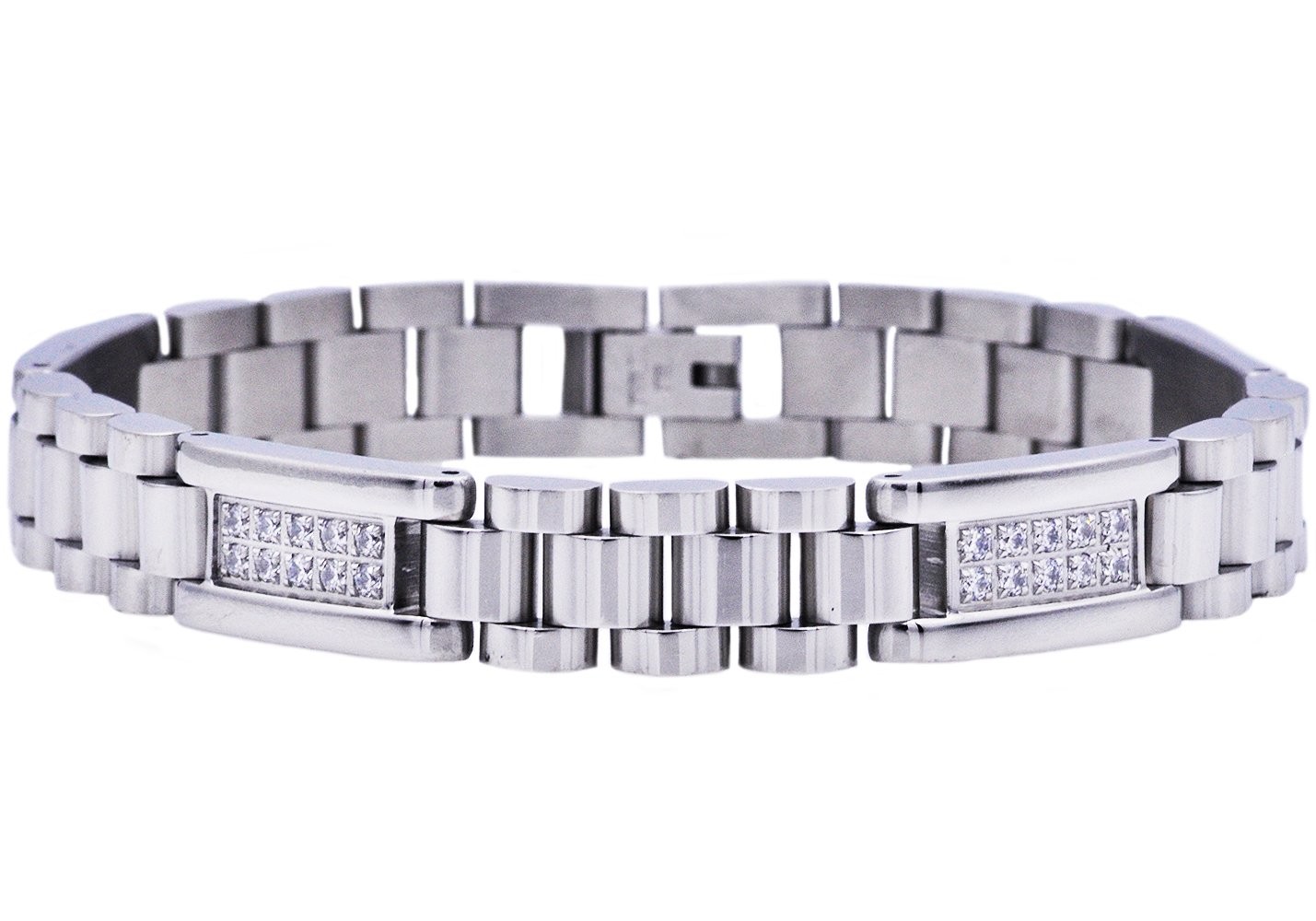 Stainless Steel Men's Polished Link Bracelet With Cubic Zirconia