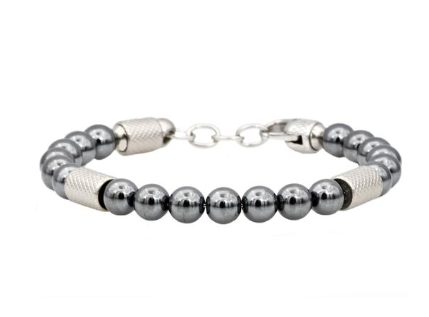 Men's Genuine Hematite Stainless Steel Beaded Bracelet
