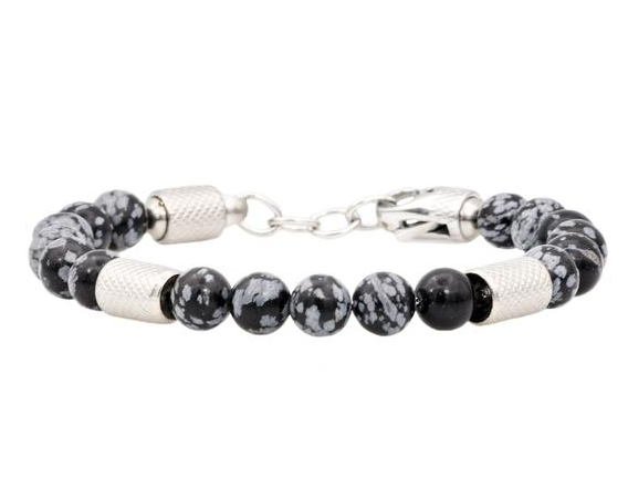 Men's Genuine Obsidian Stainless Steel Beaded Bracelet