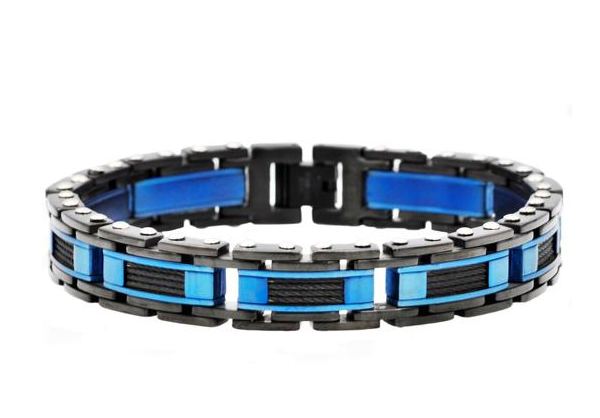 Men's Blue And Black Plated Stainless Steel Link Wire Bracelet