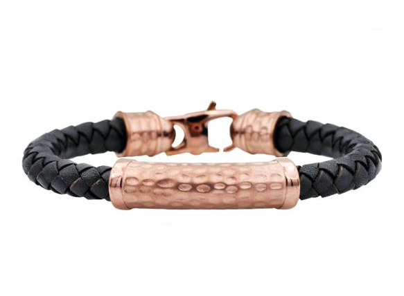 Men's Black Leather And Chocolate Plated Hammered Stainless Steel Bracelet
