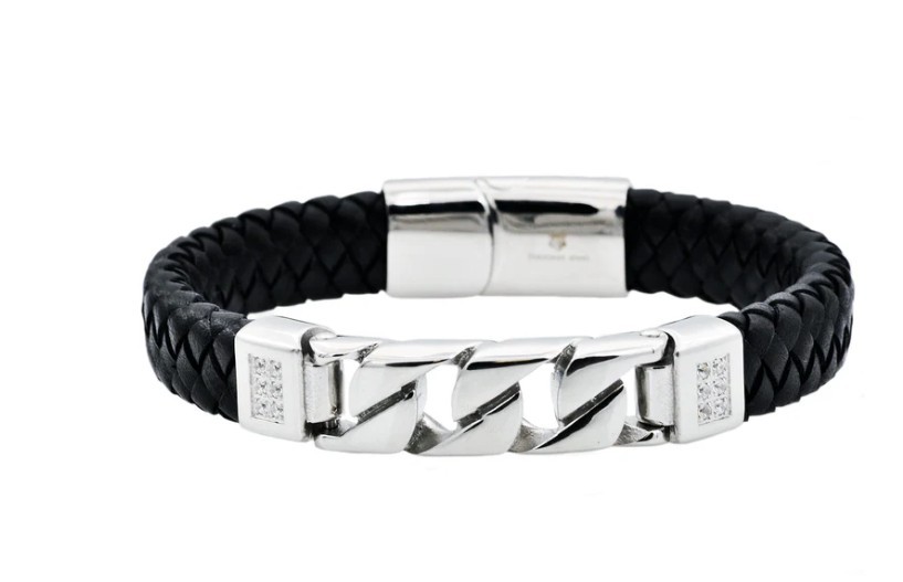 Stainless Steel Mens Black Leather Curb Link Bracelet With Cubic Zirconia
