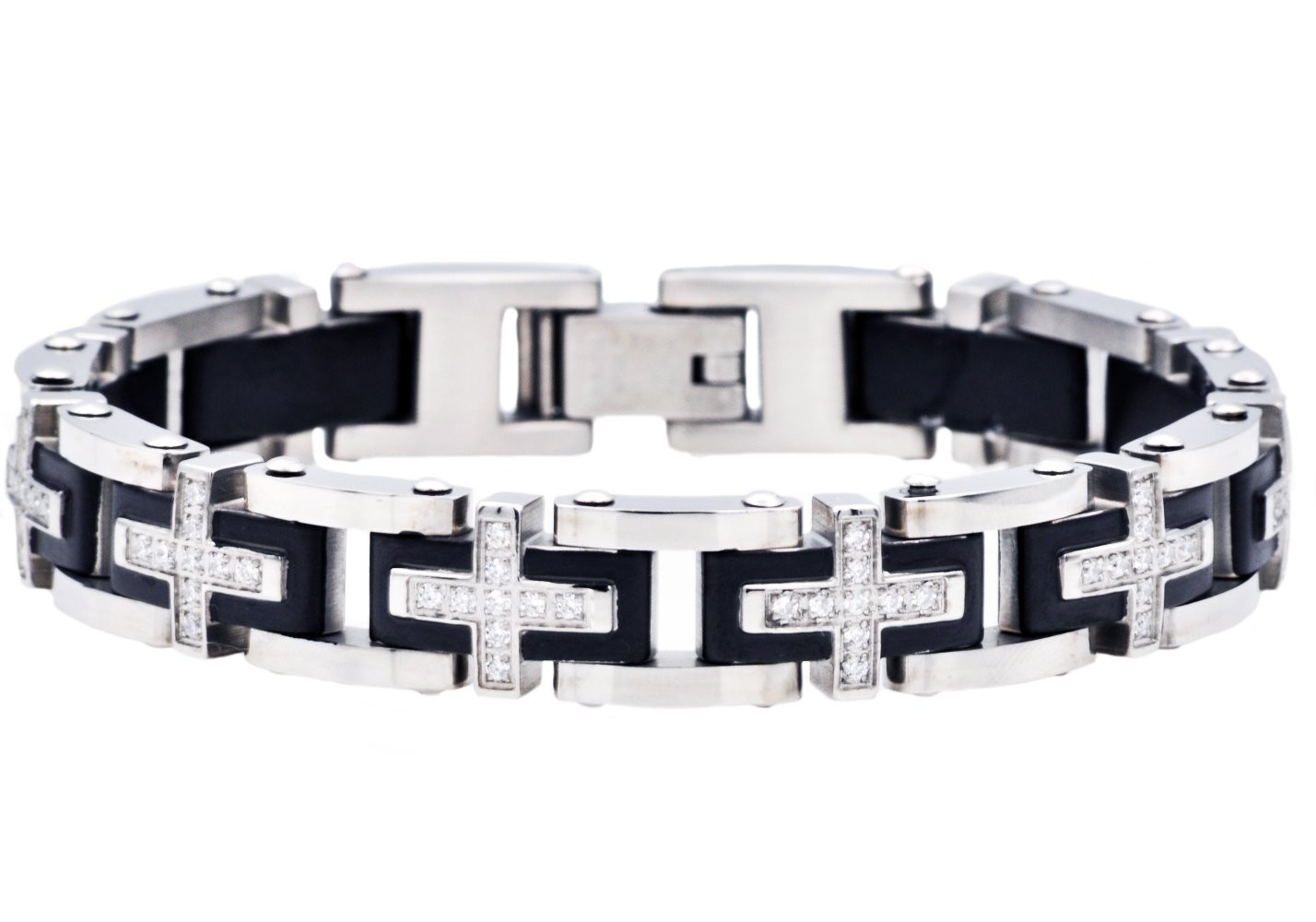Stainless Steel Men's Black Cross Bracelet With Cubic Zirconia