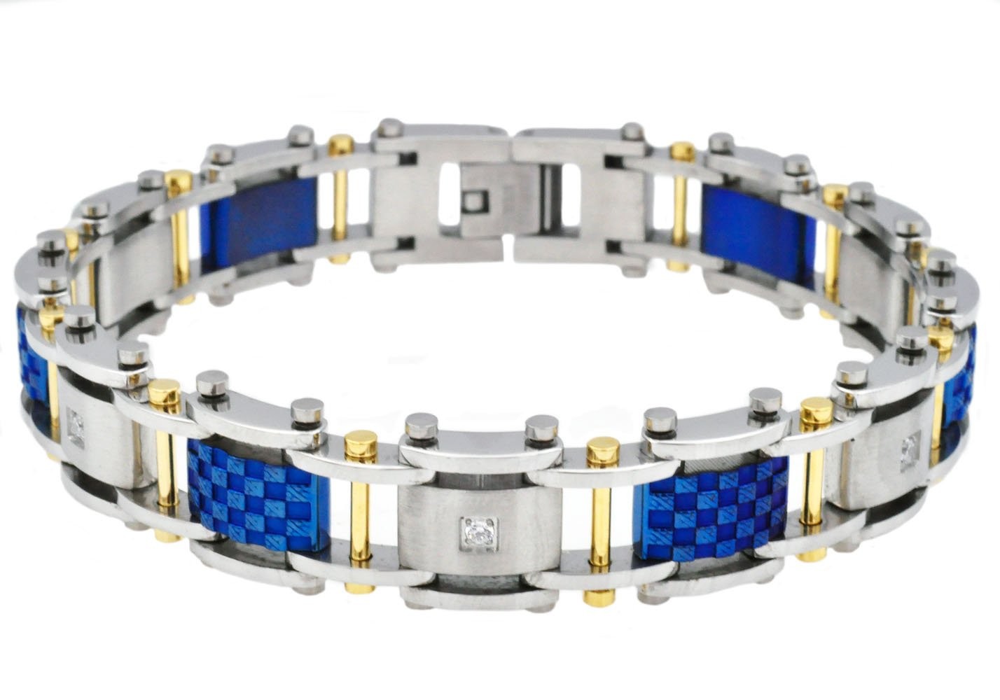 Stainless Steel Blue And Gold Men's Bracelet With Cubic Zirconia