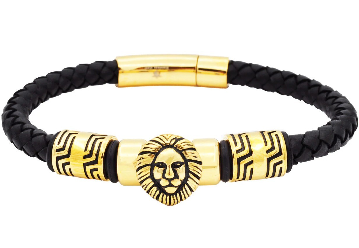 Stainless Steel Men's Lion's Head Black Leather Gold Bracelet
