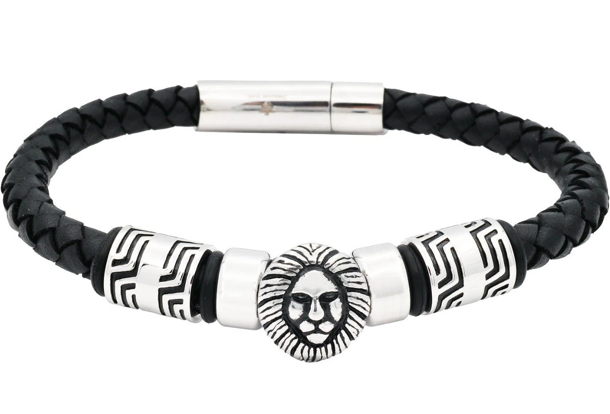 Stainless Steel Men's Lion's Head Black Leather Bracelet
