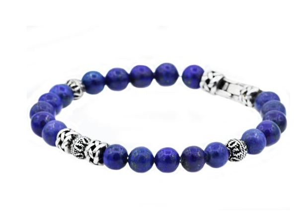 Men's Genuine Lapis Lazuli Stainless Steel Beaded Bracelet
