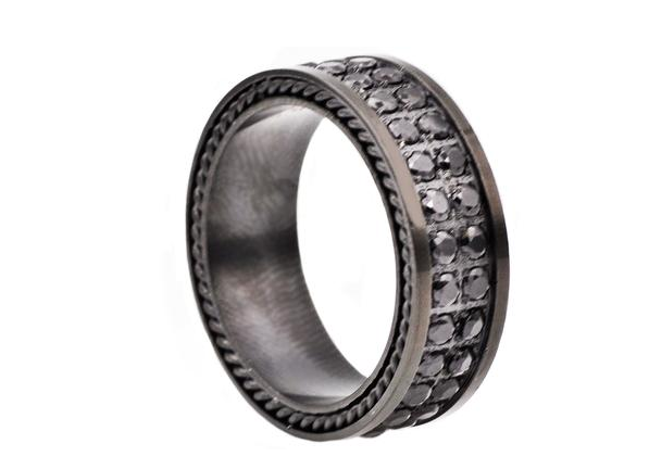 Men's Black Plated Stainless Steel Band With Black Cubic Zirconia