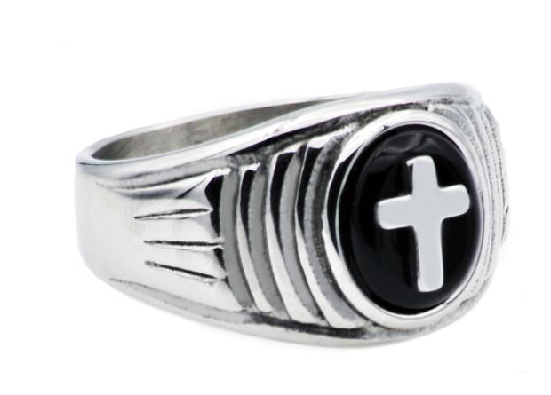 Men's Onyx And Stainless Steel Cross Ring