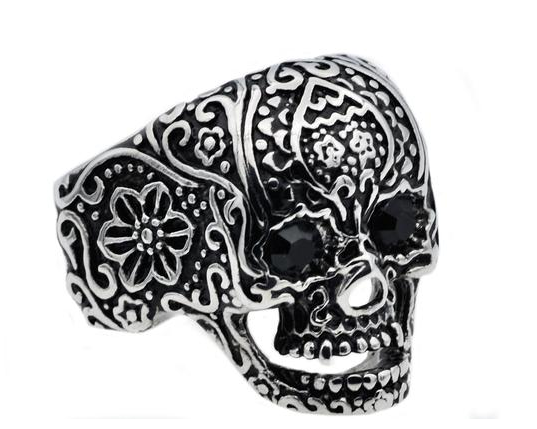 Men's Black Plated Stainless Steel Skull Ring With Black Cubic Zirconia