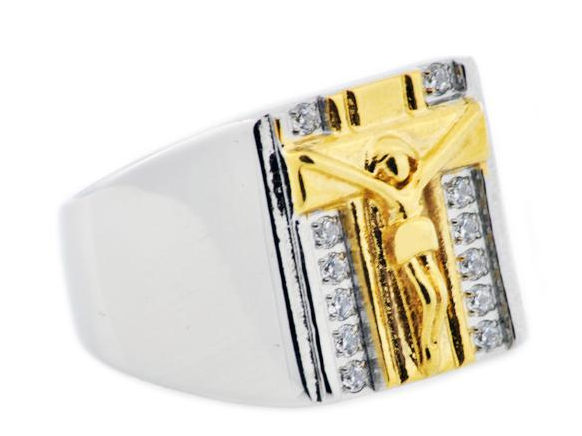 Men's Gold Plated Stainless Steel Cross Ring With Cubic Zirconia